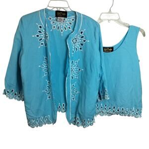 4271)Bob Mackie Wearable Art 2 pcs Cutout Embroidery Aqua Linen Blend Jacket M